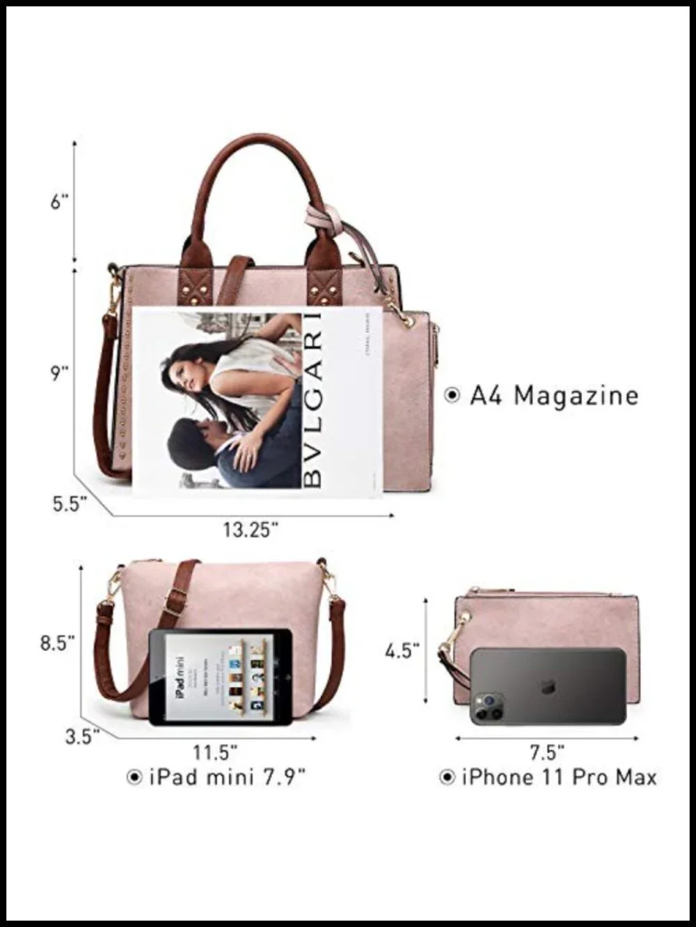 Vegan Leather 3pc Handbag Set Satchel Shoulder Tote with Wallet & Cosmetic Bag